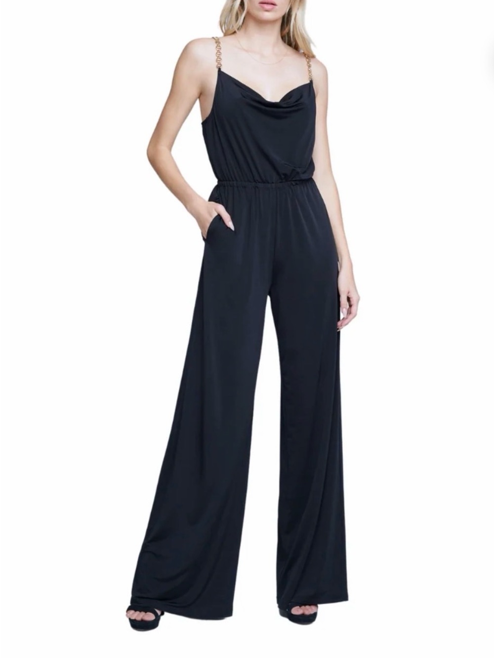 L'AGENCE Emmett Black Cowl Neck Chain Strap Jumpsuit XS Tall GUC